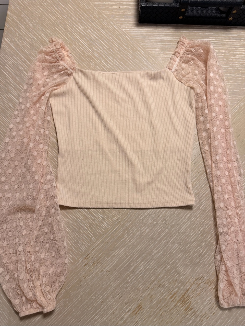 Lush Blush Ribbed Square Neck Top with Sheer Dot Puff Sleeves